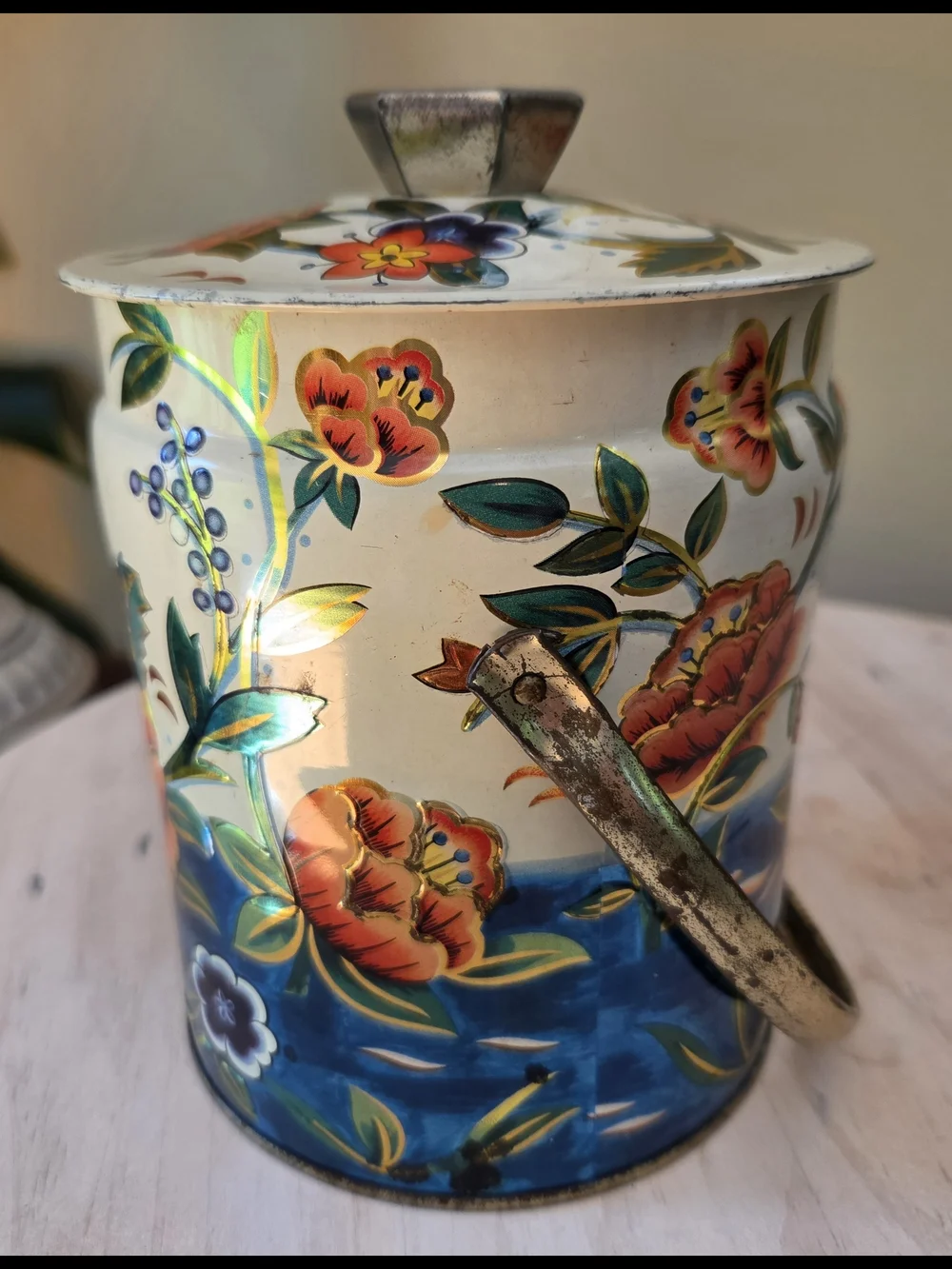 Vtg Murray Allen Confections Tin Canister w Lid Handle Water Flower England